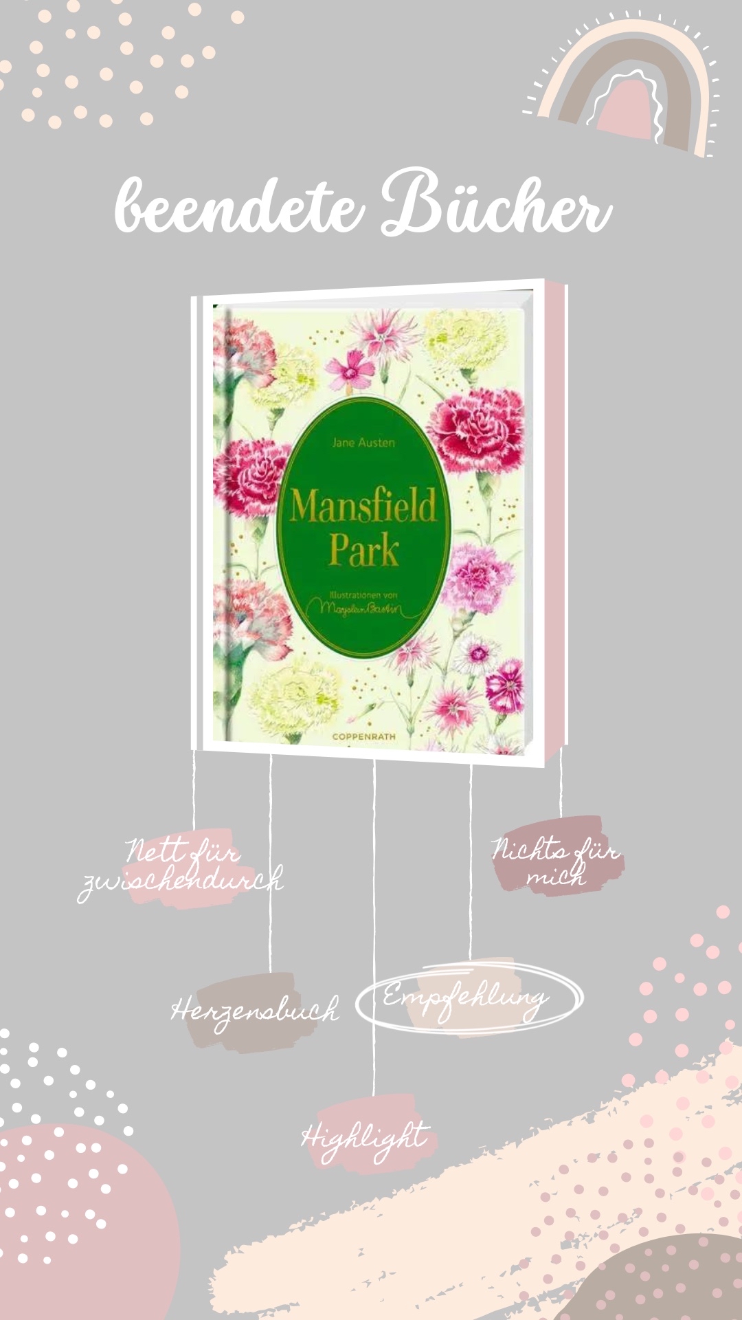 Ich liebe Jane Austen und finde ihre Art des Schreibens einfach jedes Mal wieder super toll. Leider kommt „Mansfield Park“meiner Meinung nach nicht an „Stolz und Vorurteil“, „Emma“ und „Sinn und Sinnlichkeit“ ran. Der letzte Funke hat leider gefehlt. Trotzdem ist es ein tolles Buch und eine Empfehlung, für alle die Klassiker lieben.