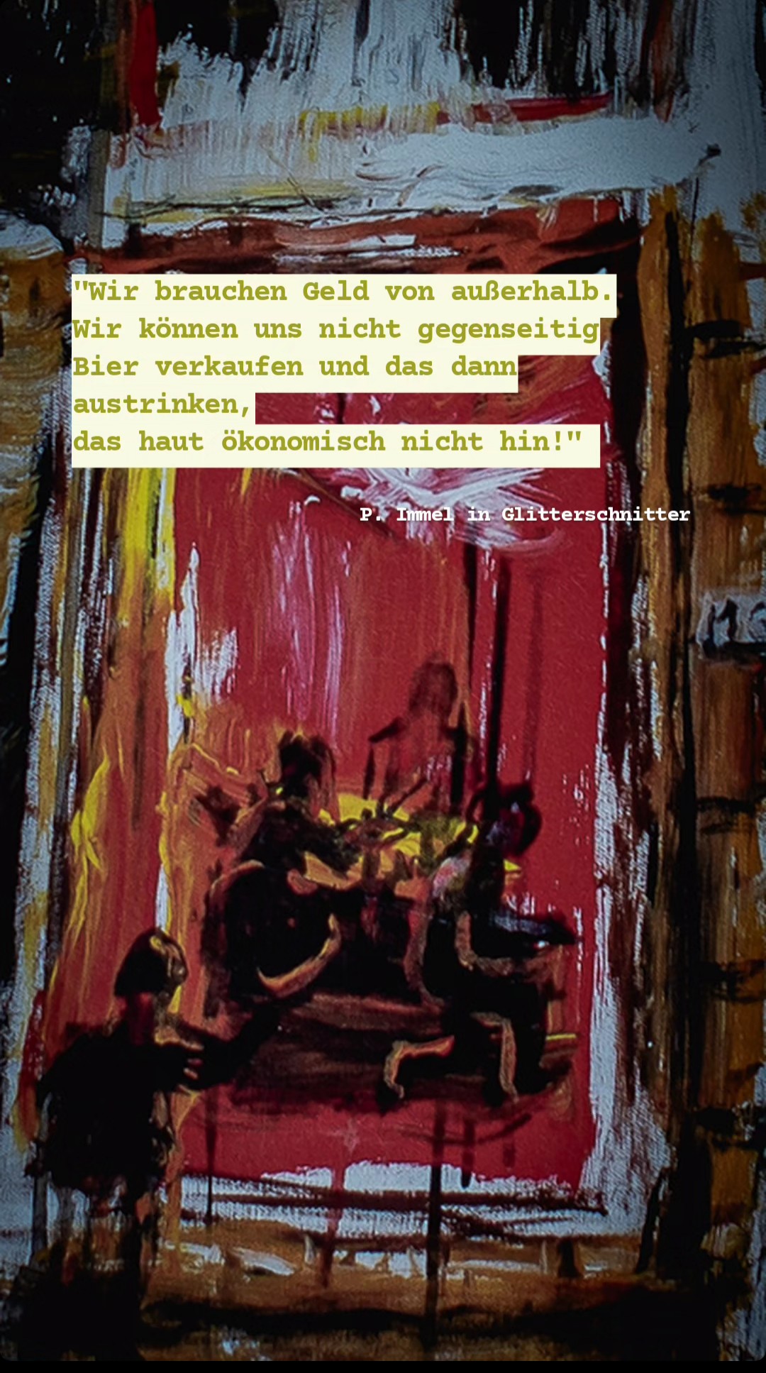 Schon nach wenigen Seiten fühlte ich mich mitten im Geschehen und saß neben Herr Lehmann mit am Tresen in den 1980ern in einer der Berliner Bars. Ich amüsierte mich sehr über die weltvergessenen und egozentrischen Dauer-Dialoge über die beste Art einen Kaffee zu machen oder die Träumereien als Künstler den Durchbruch zu schaffen. Das Ganze war so glaubhaft und real, dass es mir wie im echten Leben ging: Nach ein paar Stunden reicht es dann auch. Ich muss aufstehen und das Gequatsche verlassen. Und das musste ich vorerst leider nach der Hälfte auch mit Glitterschnitter machen. Beim Verlassen höre ich aber noch kurz einen Song von Element of Crime ;-)