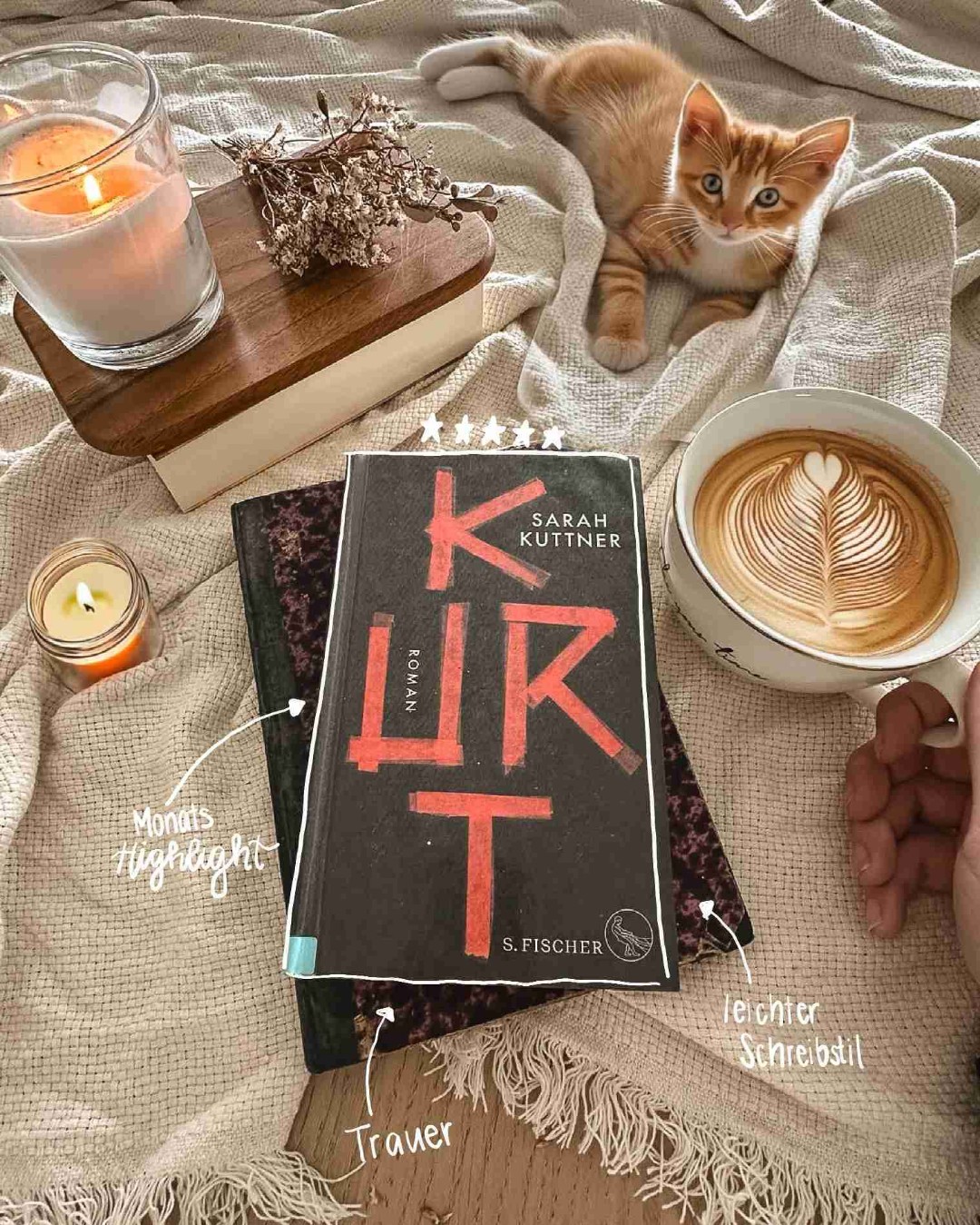 Das Buch "Kurt" von Sarah Kuttner erlangte große Bekanntheit auf BookTok, was auch mich neugierig machte. Nachdem ich es gelesen habe, kann ich sagen, dass es eines meiner Lesehighlights im Mai war und mich keineswegs enttäuschte 📚
-
Inhalt: In "Kurt" von Sarah Kuttner wird die erschütternde Bewältigung eines Verlusts thematisiert, als Lena und ihre Familie durch ein stilles, aber tragisches Ereignis aus ihrem Alltag gerissen werden
Die Geschichte lebt von den unausgesprochenen Emotionen und der realistischen Darstellung des Alltäglichen. Lena, als zentrale Figur, trauert und versucht zugleich, für den großen Kurt da zu sein, während das Verhältnis zu ihrem Stiefsohn im Mittelpunkt steht.
Der Schreibstil der Autorin ist sehr leicht und finde ich passend gewählt 🙌🏼
Nur das Titelbild finde ich persönlich nicht gelungen 🫠🤫.