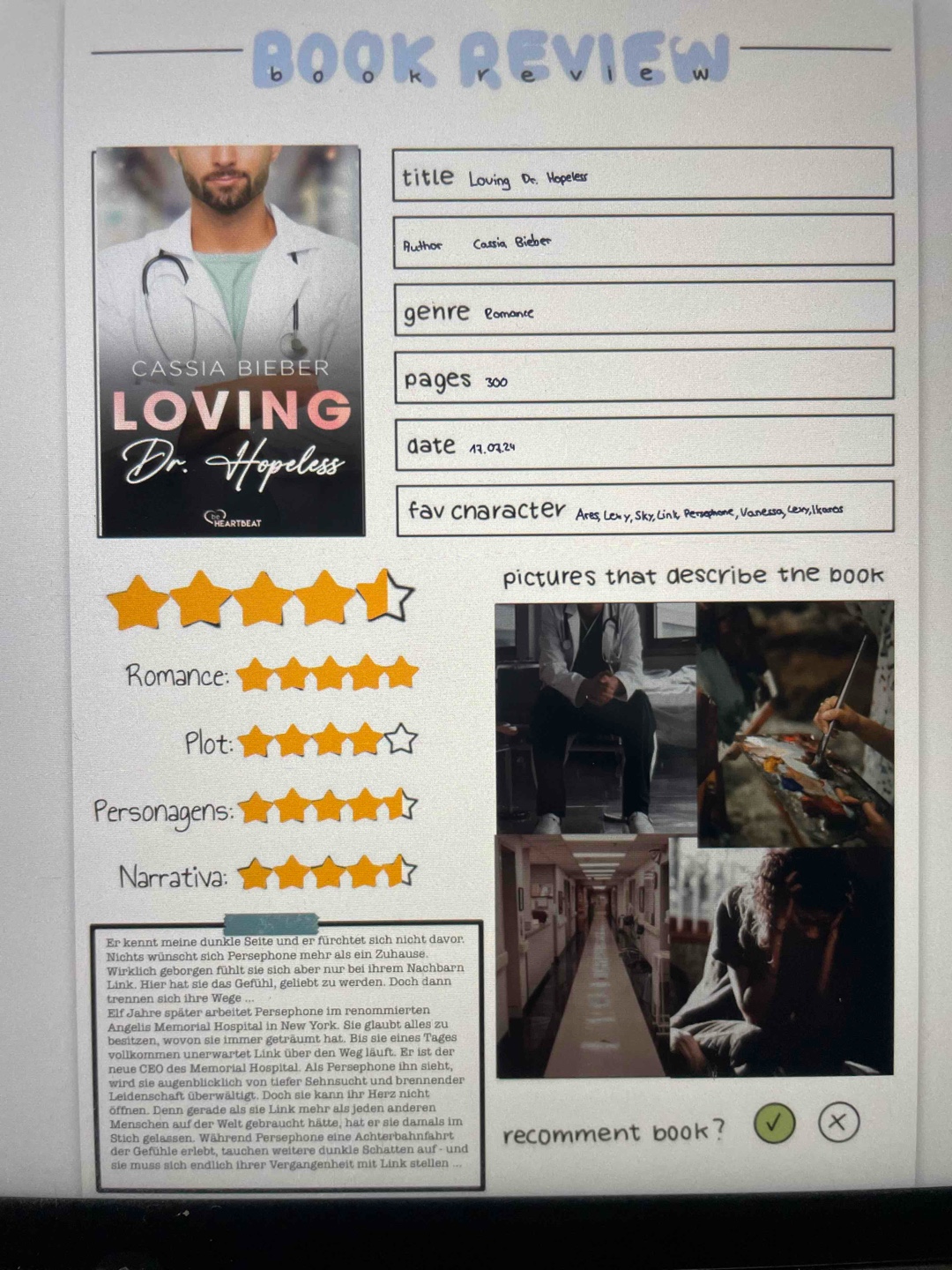 Auch dieser Teil der Buchreihe von Cassia Bieber hat mir sehr gut gefallen. Es ging um eine Friends to lovers-second Chance Romance mit einer Künstlerin und einem Arzt/ CEO eines Krankenhauses. Die Geschichte hat wichtige Themen angesprochen und trotzdem war es humorvoll, spicy und herzergreifend📚🫀😍🩺🏥