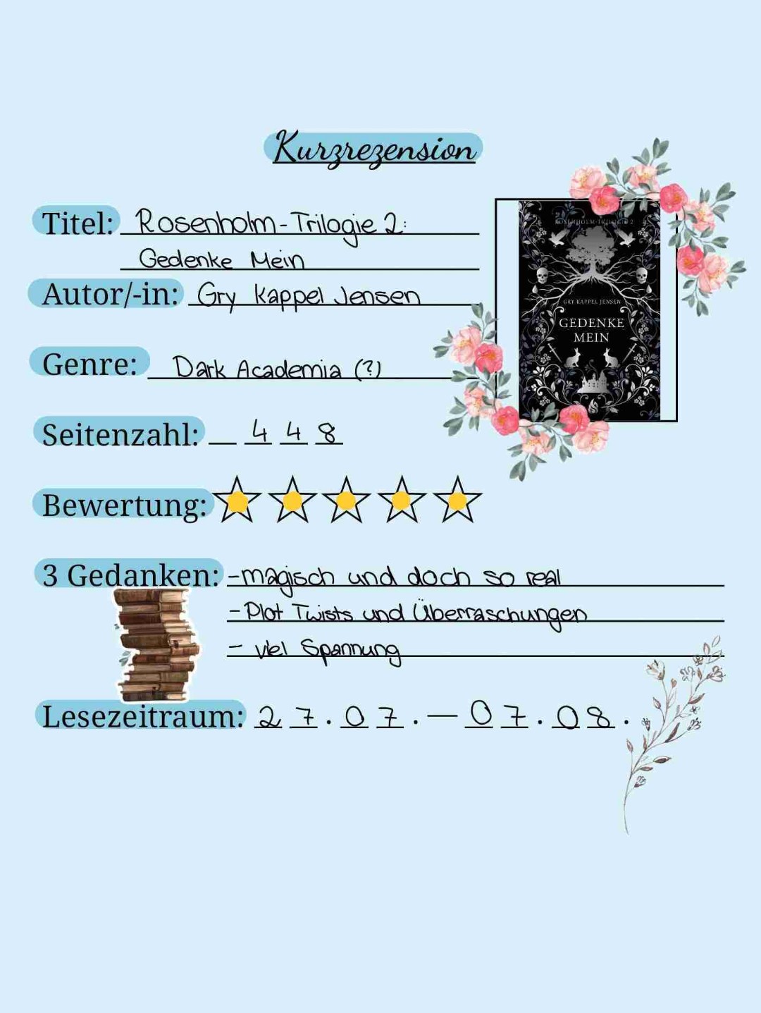 Obwohl das Buch eine Portion Fantasy enthält, fühlt es sich wie die Realität an. Ich finde es so toll, dass diese beiden Aspekte vermischt wurden und es hat dadurch so viel Spaß gemacht zu lesen. 