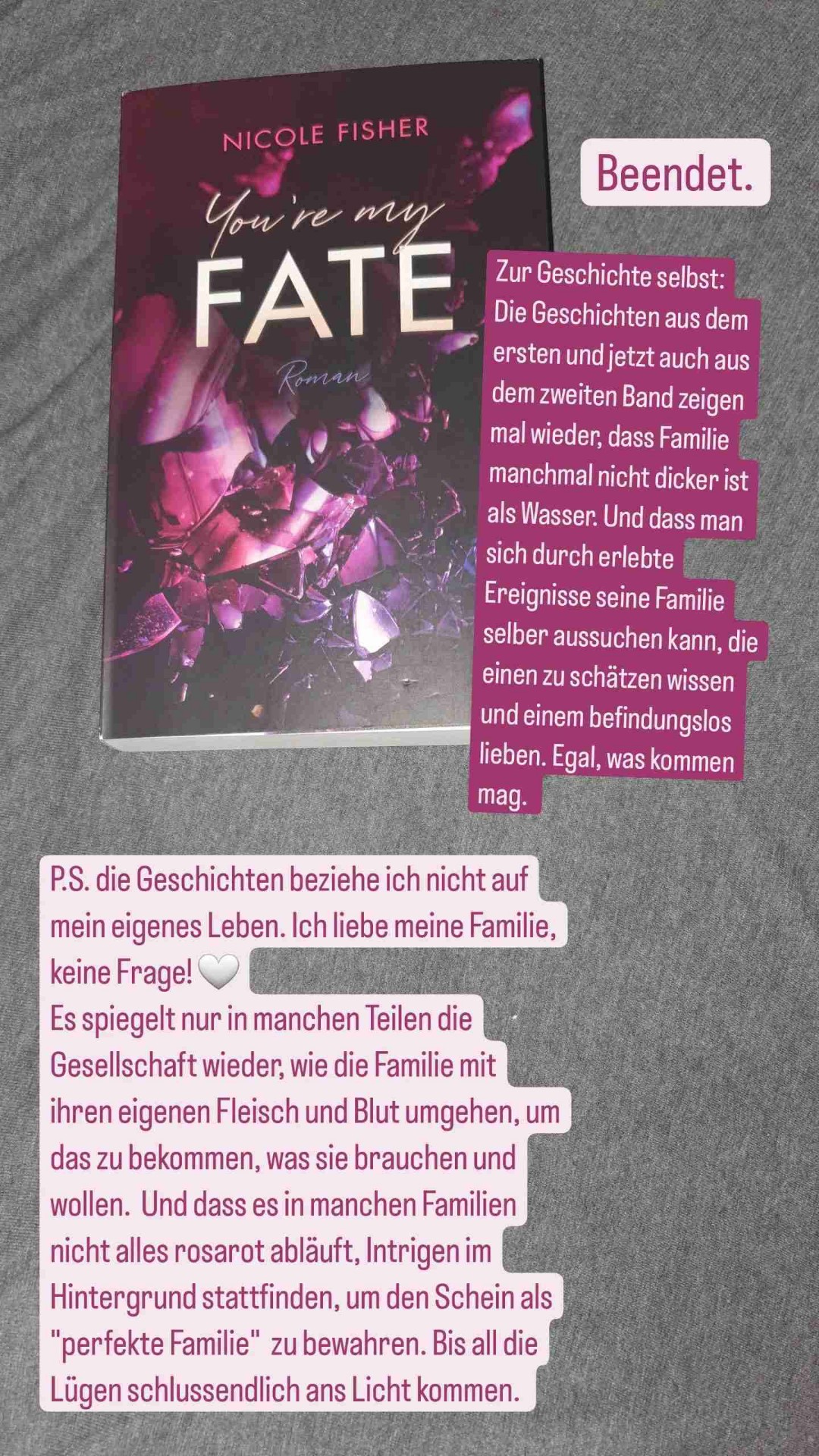 Eine absolute Buch Empfehlung. Durch die Geschichte weiß man als Person seine eigene noch zu schätzen. Ein halber minus Punkt an den Schreibstil: Es ist nur aus der Sicht von Violet Hasting geschrieben, was in manchen Situationen sehr schade ist, da ich gerne verschiedene Perspektiven von den Charaktere lese um die komplette Gefühlswelt der Geschichte zu erleben.
