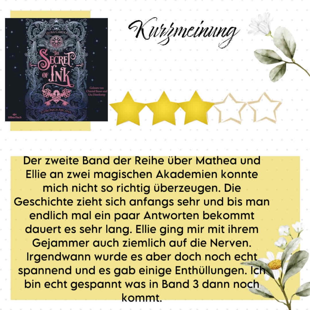 Der zweite Band der Reihe über Mathea und Ellie an zwei magischen Akademien konnte mich nicht so richtig überzeugen. Die Geschichte zieht sich anfangs sehr und bis man endlich mal ein paar Antworten bekommt dauert es sehr lang. Ellie ging mir mit ihrem Gejammer auch ziemlich auf die Nerven. Irgendwann wurde es aber doch noch echt spannend und es gab einige Enthüllungen. Ich bin echt gespannt was in Band 3 dann noch kommt.