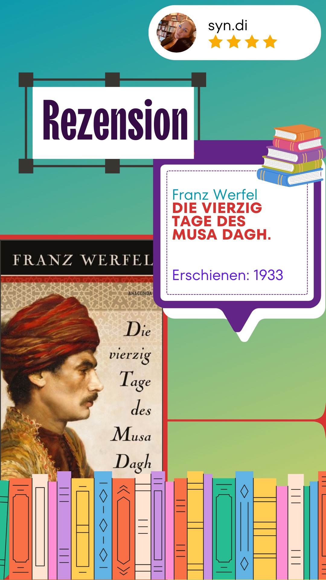 Franz Werfels „Die vierzig Tage des Musa Dagh“ erzählt die Geschichte eines armenischen Dorfes, das sich während des Völkermords 1915 gegen die osmanische Armee wehrt. Schon nach den ersten Seiten wurde mir klar, dass ich viel über die Geschichte und Geografie der Region nachschlagen musste, um den Roman richtig zu verstehen. Auch wenn manche Teile etwas langatmig waren, hat sich die Mühe gelohnt. Werfels Schreibstil ist anspruchsvoll, aber kraftvoll. Ich gebe dem Buch 4 von 5 Sternen.