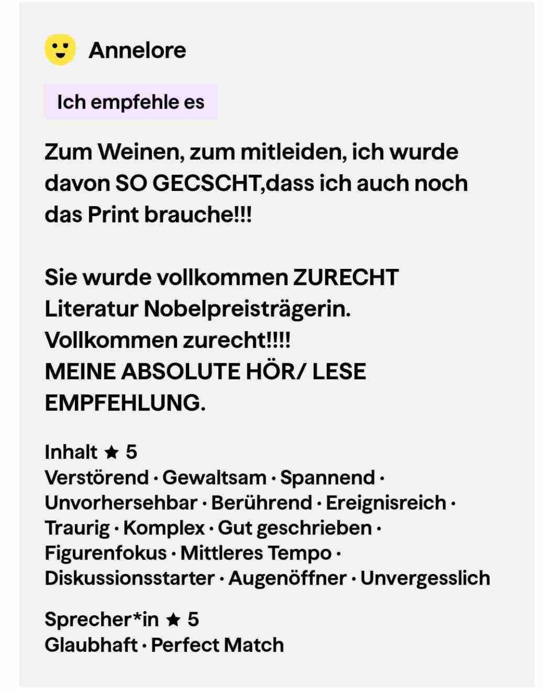 ZURECHT Literatur Nobelpreisträgerin!