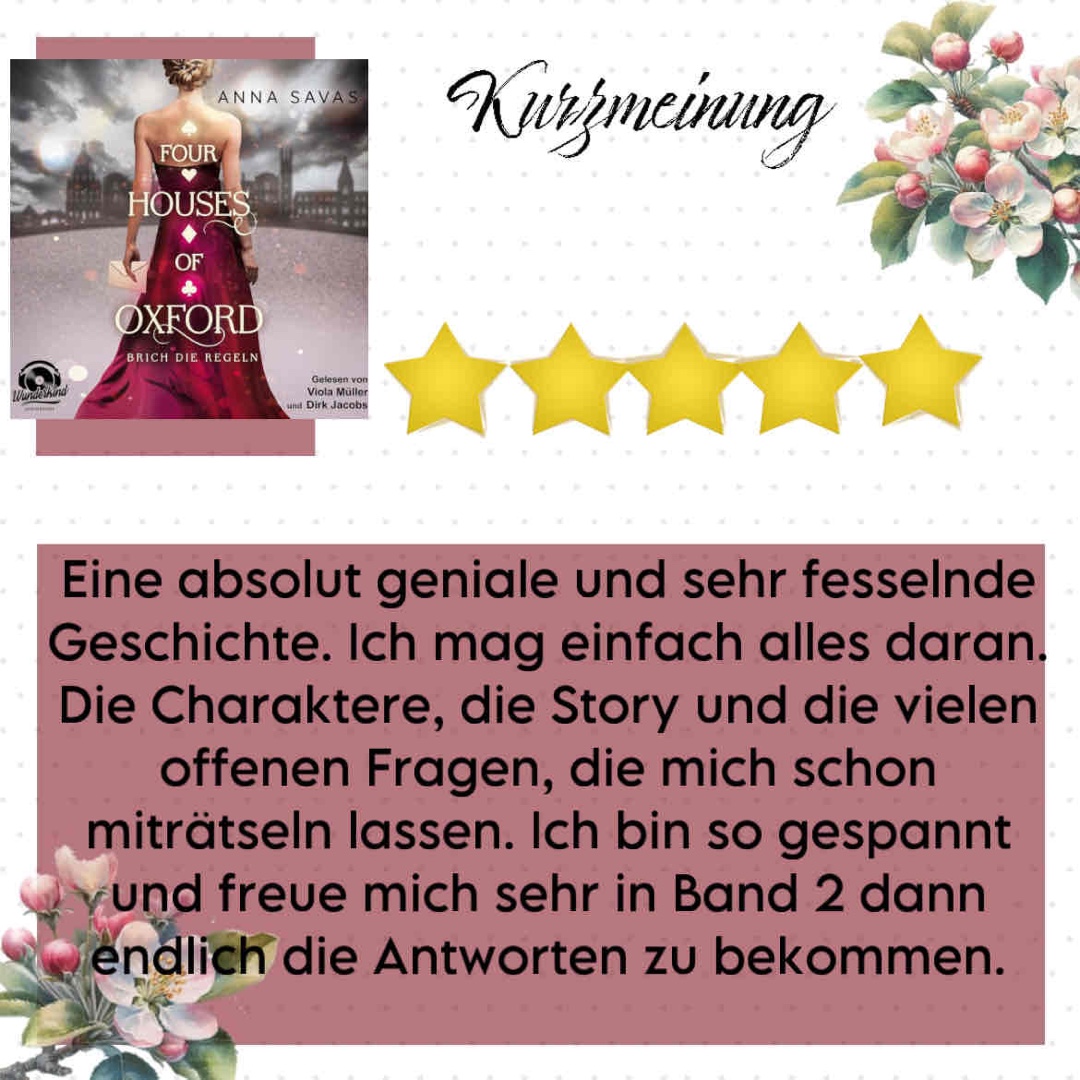 Eine absolut geniale und sehr fesselnde Geschichte. Ich mag einfach alles daran. Die Charaktere, die Story und die vielen offenen Fragen, die mich schon miträtseln lassen. Ich bin so gespannt und freue mich sehr in Band 2 dann endlich die Antworten zu bekommen.