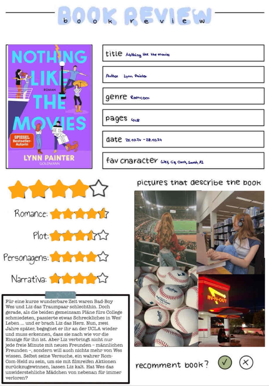 Eine sehr gelungene Fortsetzung. Es war schön mal wieder in die Welt von Traumpaar Liz & Wes einzutauchen und eine so humorvolle und schöne Geschichte zu lesen📖✨💕⚾️🎥Der eine Stern weniger nur deshalb, weil es mir zwischendurch zu langweilig war und mir zu wenig passiert ist.