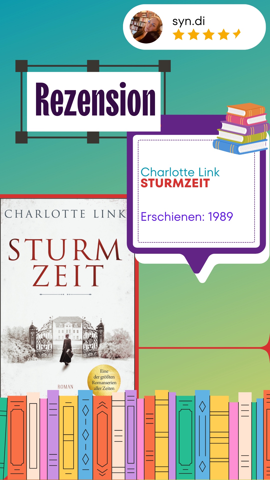 “Sturmzeit” von Charlotte Link erzählt die Geschichte der jungen Felicia Lavergne, die sich während des Ersten Weltkriegs und der darauffolgenden turbulenten Jahre in einer sich verändernden Welt behaupten muss. Der Roman verbindet die persönliche Entwicklung Felicias mit historischen Ereignissen und zeichnet ein eindrucksvolles Bild vom Wandel der Gesellschaft und der Rolle der Frau im 20. Jahrhundert. Links flüssiger Schreibstil und die lebendige Darstellung ihrer Figuren machen den Roman zu einem fesselnden Auftakt der Trilogie, dem ich 4,5 von 5 Sternen gebe.
