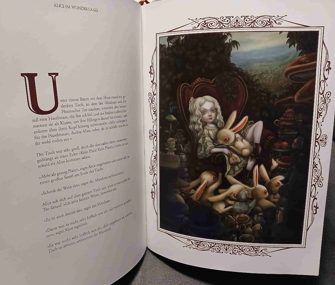 Ich war wie verzaubert.
Die Illustrationen von Benjamin Lacombe machen dieses Buch zu etwas ganz besonders.
Die Geschichte Alice im Wunderland kennen die Meisten, trotzdem war es eine schöne Erfahrung in dieses Buch abzutauchen sich verzaubern lassen und genießen. Meiner Meinung nach die schönste Ausgabe die ich gelesen/gesehen habe.
Es war sehr interessant zu erfahren wie diese Geschichten entstand, von welchen Kindern sich Lewis Carroll inspirieren ließ, auch sein Werdegang und die Fotografie die durch ihn entstanden waren, war für mich sehr interessant zu erfahren.
Von mir eine absolute Leseempfehlung.