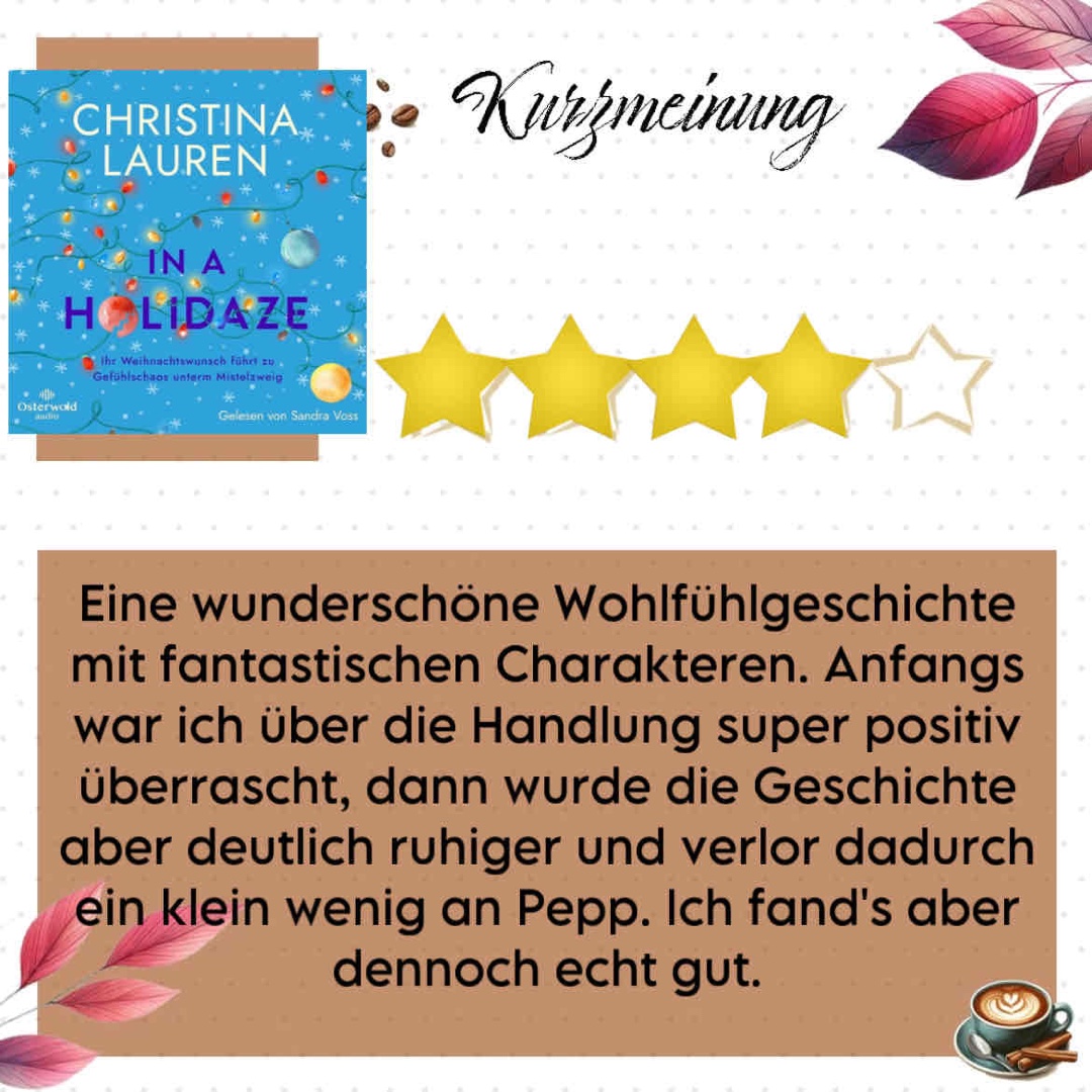 Eine wunderschöne Wohlfühlgeschichte mit fantastischen Charakteren. Anfangs war ich über die Handlung super positiv überrascht, dann wurde die Geschichte aber deutlich ruhiger und verlor dadurch ein klein wenig an Pepp. Ich fand's aber dennoch echt gut.
