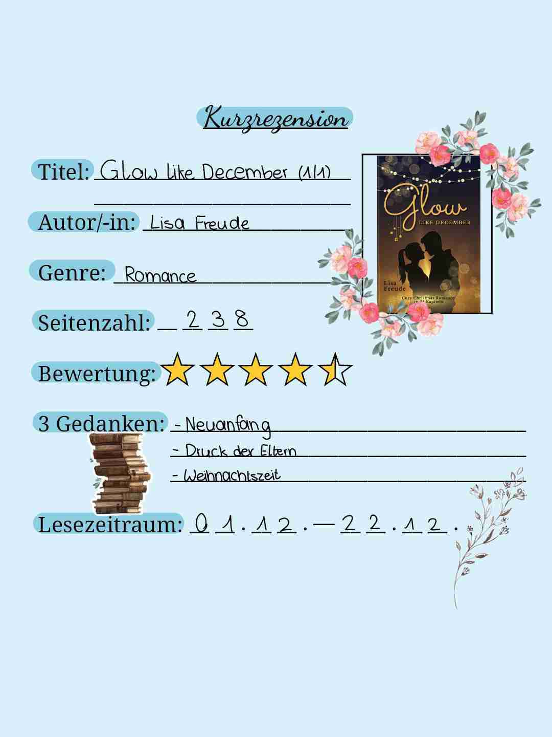 Gerade noch rechtzeitig zu Weihnachten schreibe ich diese Rezension zu einem der besten Weihnachtsromane (ja, das kann ich sagen, obwohl ich noch keinen anderen Weihnachtsroman gelesen habe!) — Glow Like December.
