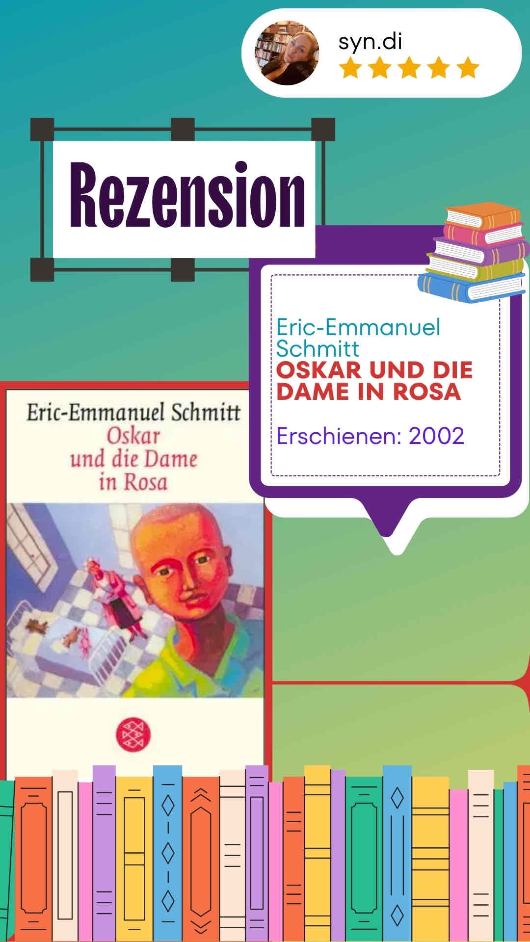 Eric-Emmanuel Schmitts „Oskar und die Dame in Rosa“ ist eine bewegende Geschichte über den krebskranken Jungen Oskar, der durch die warmherzige „Dame in Rosa“ und Briefe an Gott Trost, Hoffnung und einen Weg findet, sich mit dem Leben und Sterben auseinanderzusetzen. Als Teil des „Cycle de l’invisible“, einer Serie über Religion und Spiritualität, berührt das Buch mit seiner poetischen Sprache und universellen Botschaft über Liebe und Akzeptanz. Für mich ein zeitloses Meisterwerk, das ich immer wieder lese und uneingeschränkt mit fünf Sternen bewerte.