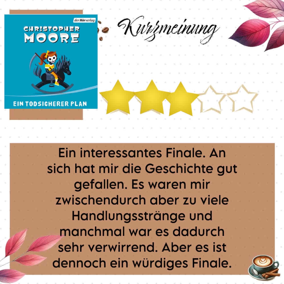 Ein interessantes Finale. An sich hat mir die Geschichte gut gefallen. Es waren mir zwischendurch aber zu viele Handlungsstränge und manchmal war es dadurch sehr verwirrend. Aber es ist dennoch ein würdiges Finale.