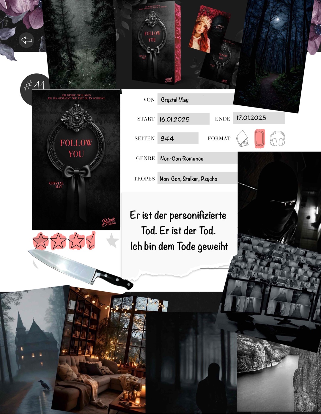 3,5/5 ☠️
Ruby: sehr viele komplexe, sucht verzweifelt eine Person sie sich nur für sie interessiert, möchte gesehen werden
Shay: Psychopath durch und durch,
Non-Con Stalker Romance