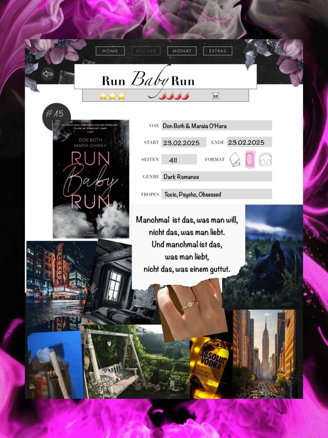 3/5 ⭐️
4/5 🌶️
1/5 ☠️
*Manchmal ist das, was man will, nicht das, was man liebt. Und manchmal ist das, was man liebt, nicht das, was einem guttut.*