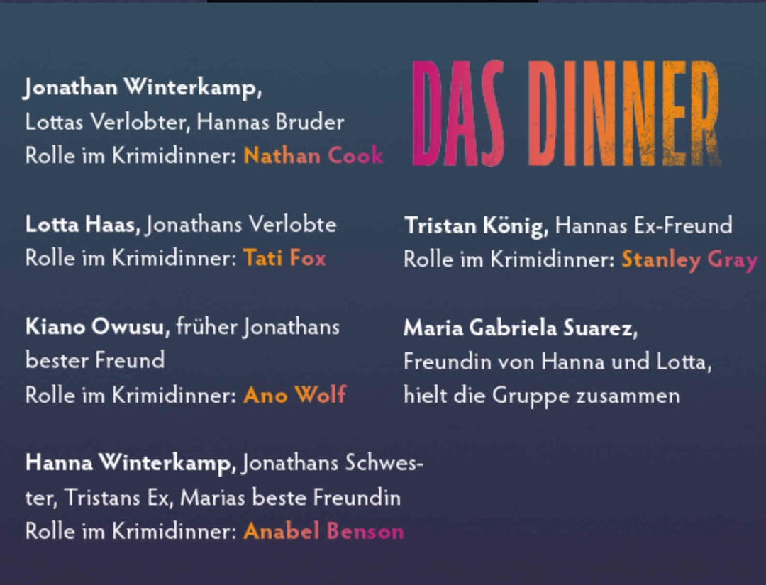 Rezensionsexemplar 
Mörderisches Krimidinner mit Schwächen. 
Mein zweites Buch der Autorin. Letztes Jahr hab ich schon  ihren Debütroman „die Auszeit“ gelesen. 
