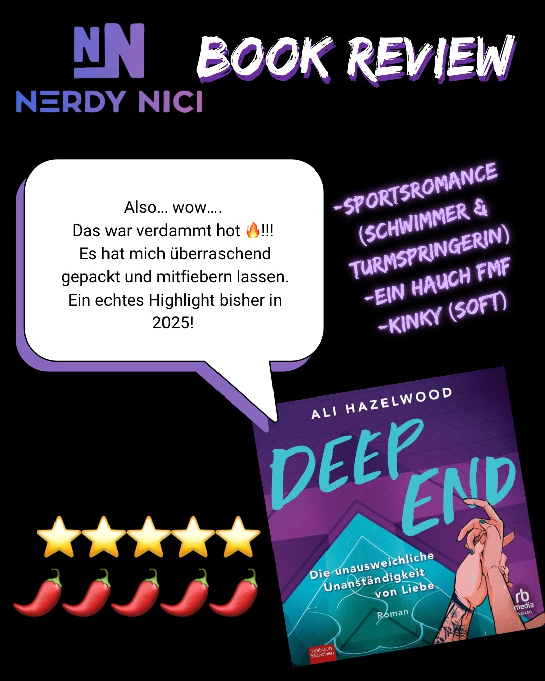 Das ist bisher Stand März 2025 mein Highlight… oh damn… wer hätte gedacht, dass ich mal Sportsromance lese 🤷🏻‍♀️ … so gar nicht dark (aber ein ganz klein bisschen kinky😉). Ich habe es wirklich gefühlt und die S**Szenen … Leute!!! 🌶️🔥🌶️🔥😎 Mehr gibt es nicht zu sagen… volle Punktzahl!!!
