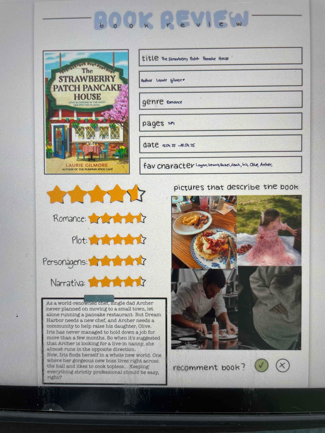 Ich bin ehrlich: Ich habe The Strawberry Patch Pancake House wegen des süßen Titels und Covers in die Hand genommen – und wurde nicht enttäuscht. Laurie Gilmore liefert einen herzerwärmenden Wohlfühlroman, der nach Heimat, Neunanfang und ganz viel Pancake duftet.
Die Hauptfigur ist echt und nahbar, das kleine Städtchen voller liebevoll gezeichneter Charaktere, und das Pancake House fühlt sich an wie ein Ort, an dem man selbst gern sitzen würde. Die Geschichte ist zwar stellenweise vorhersehbar, aber gerade das macht ihren Charmr aus📖✨🥞🍓