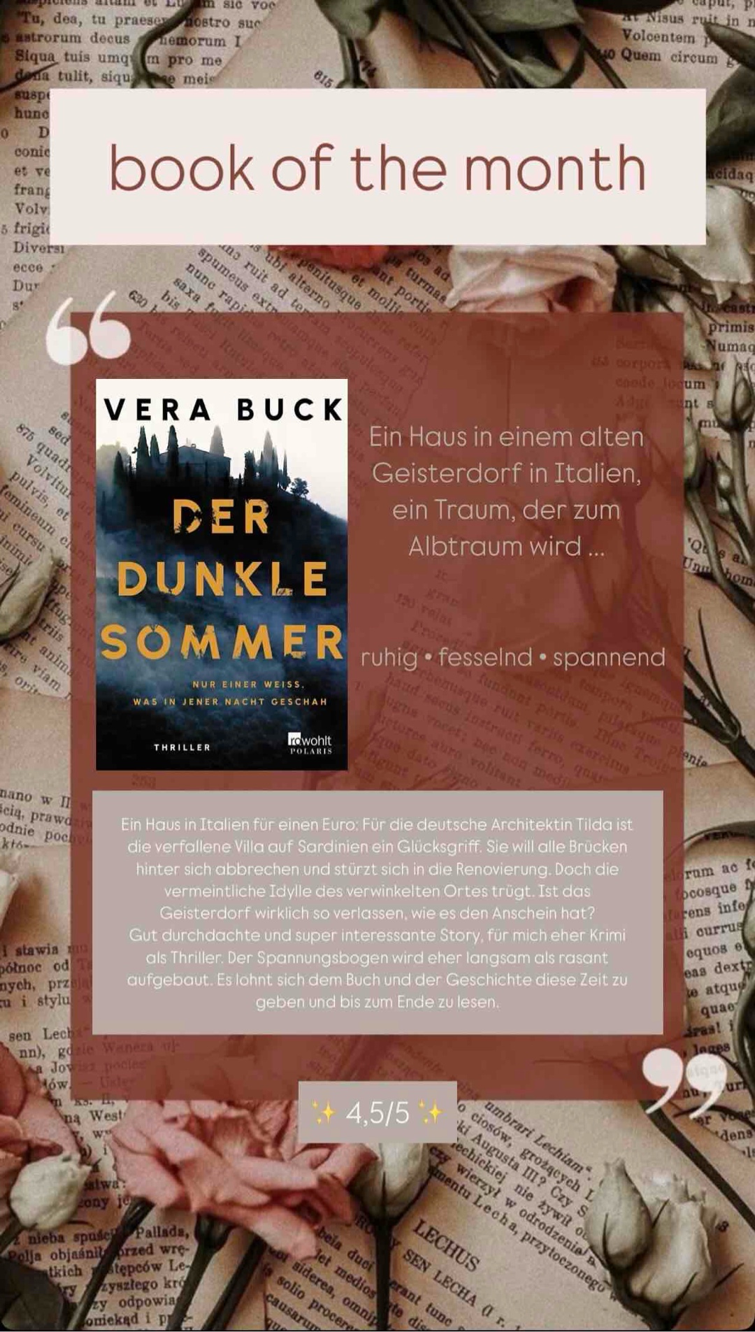 Ruhiger aber spannender Thriller 

✨ 4.5/5 ✨
