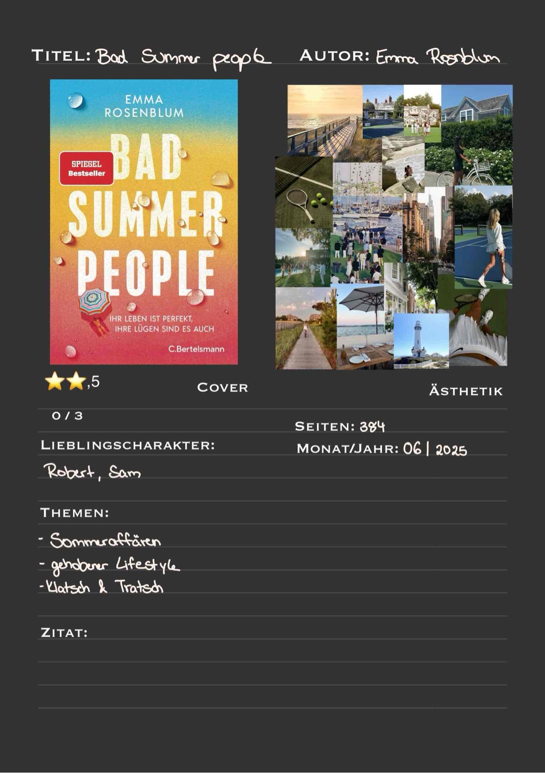 Bad Summer People – leider auch ein bisschen Bad Summer Reading
Ich hatte mir unter dem Titel ein bissiges Sommer-Drama mit Spannung und scharfen Dialogen vorgestellt – bekommen habe ich leider hauptsächlich nervige Charaktere, die sich in Oberflächlichkeiten verlieren. Irgendwie passiert… nichts. Zumindest fast nichts, bis zum Epilog – da kommt dann plötzlich Bewegung rein, aber da war’s für mich schon zu spät. Die Story dümpelt dahin wie ein Segelboot bei Flaute, und ich habe vergeblich auf Wind gehofft. Wer Freude an zickigem Kleinstadtklatsch hat, könnte hier auf seine Kosten kommen – für mich war es leider eher ein Sommerflop.