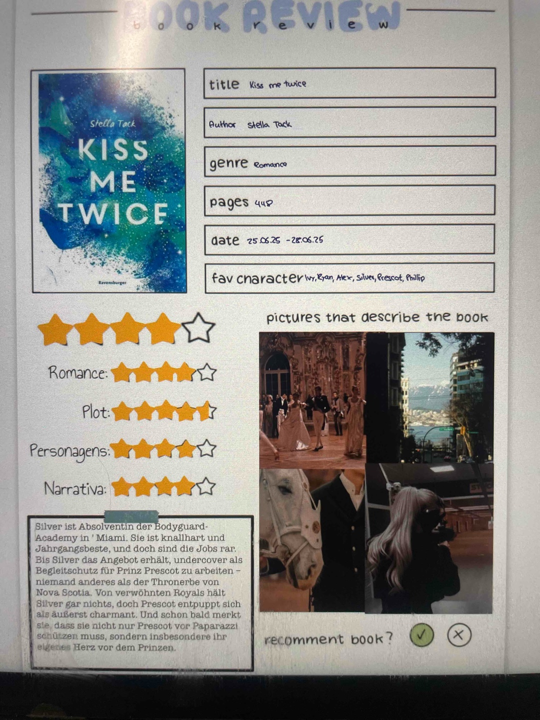 Ich hatte wirklich gehofft, dass der zweite Teil ein bisschen mehr Tiefe mitbringt – denn das Potenzial war da, und zwar richtig. Die Story an sich ist spannend, gut aufgebaut, und es gab Momente, in denen ich dachte: Ja, genau da hätte es hingehen können!
Aber wie schon im ersten Band: Viel zu viel Kitsch.
Die Liebesgeschichte wird wieder komplett überladen mit Herzklopfen, Eifersuchtsdramen und ewigem Rumgeblöbel. Statt die Charakterentwicklung ernsthaft weiterzuführen, verliert sich vieles im emotionalen Overload.
Trotzdem: Die Grundidee, die Atmosphäre und der lockere Stil funktionieren nach wie vor – und wer genau das sucht, wird auf seine Kosten kommen👑🍁📖✨