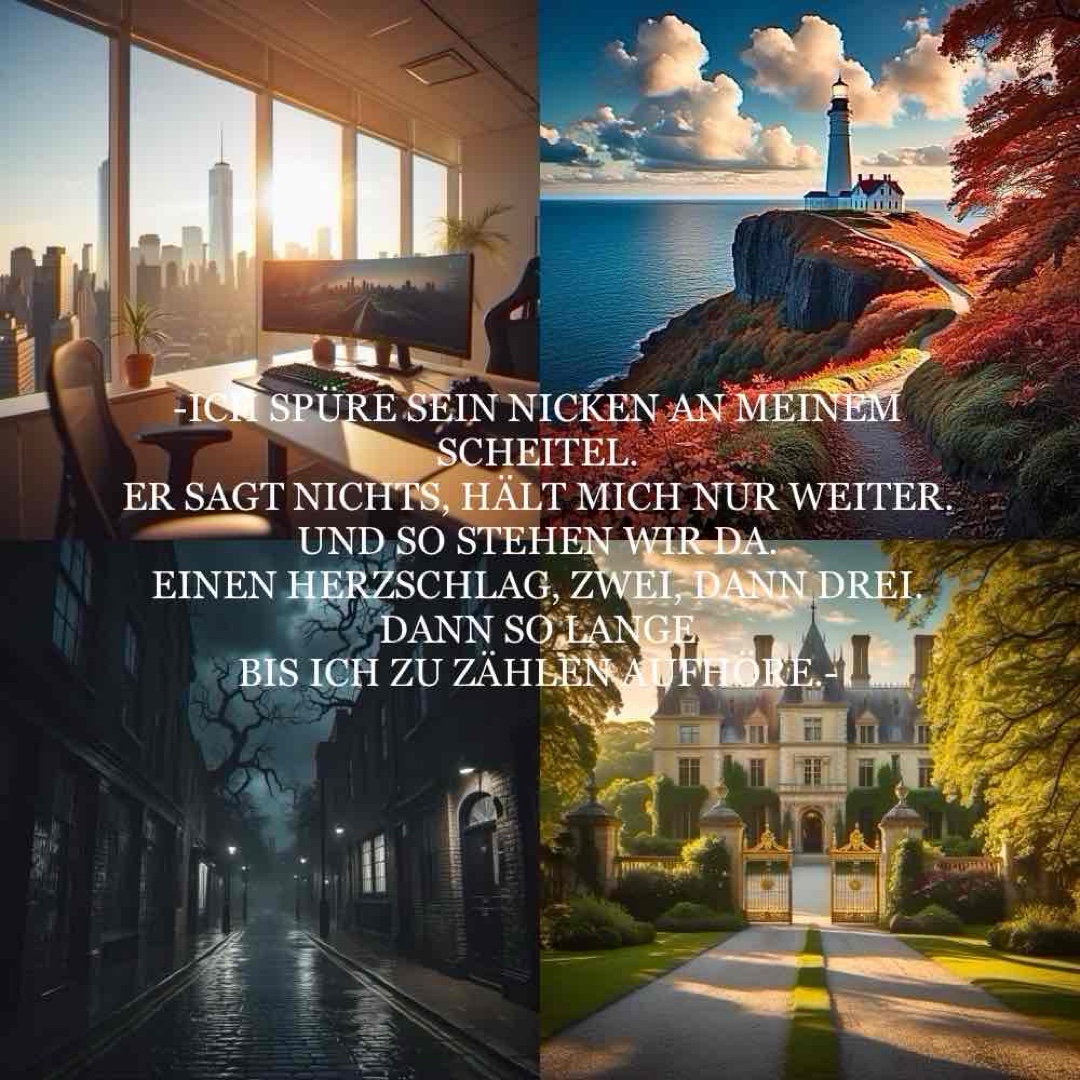 -ICH SPÜRE SEIN NICKEN AN MEINEM SCHEITEL.
ER SAGT NICHTS, HÄLT MICH NUR WEITER.
UND SO STEHEN WIR DA.
EINEN HERZSCHLAG, ZWEI, DANN DREI.
DANN SO LANGE
BIS ICH ZU ZÄHLEN AUFHÖRE.-