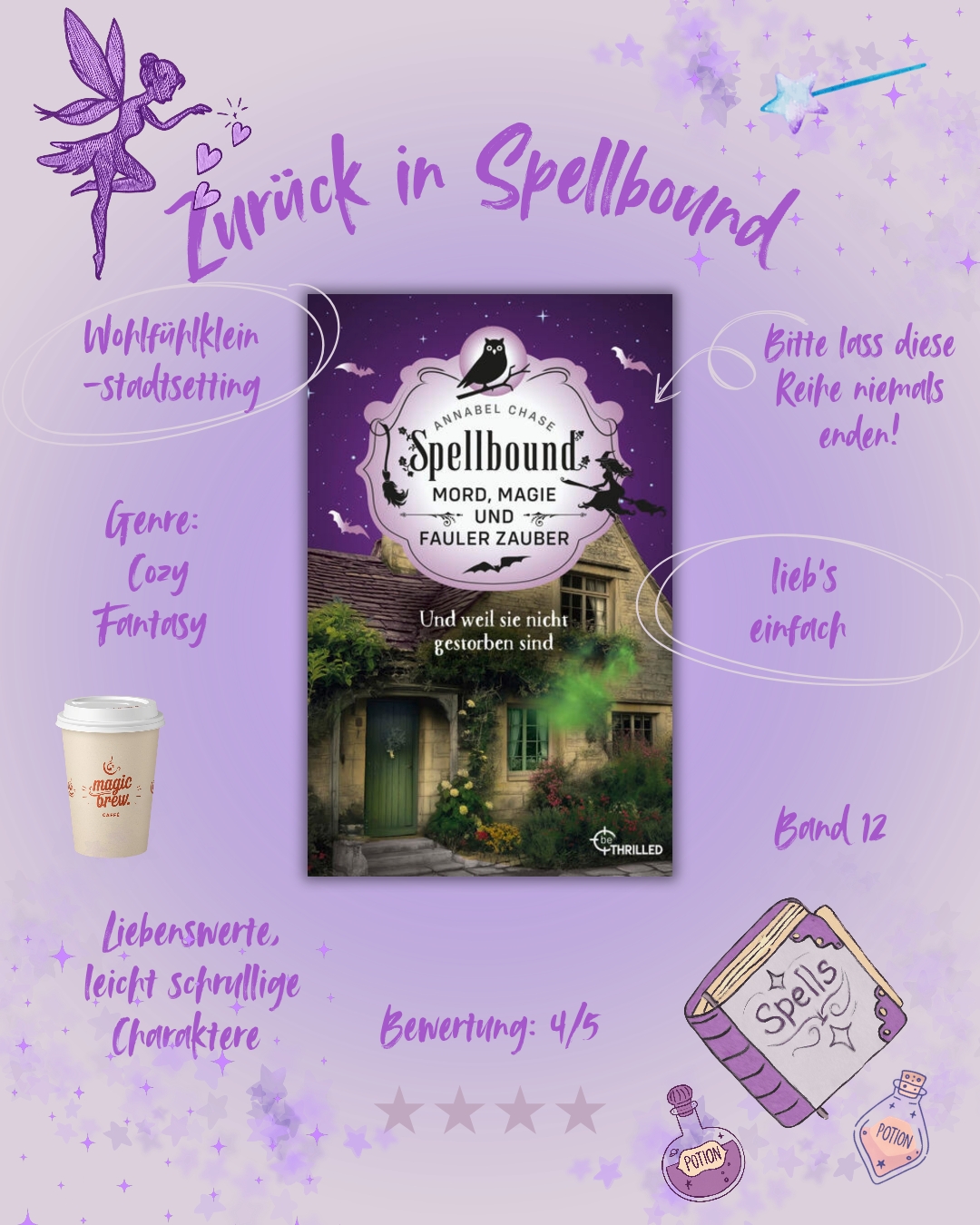 Endlich wieder zurück in Spellbound! 😍
Ich bin wirklich froh, dass meine liebste Feelgood Reihe weiter geht. Wie immer wurde ich von alt bekannten Charakteren herzlich empfangen und durfte neue kennenlernen! Es hat Spaß gemacht!
